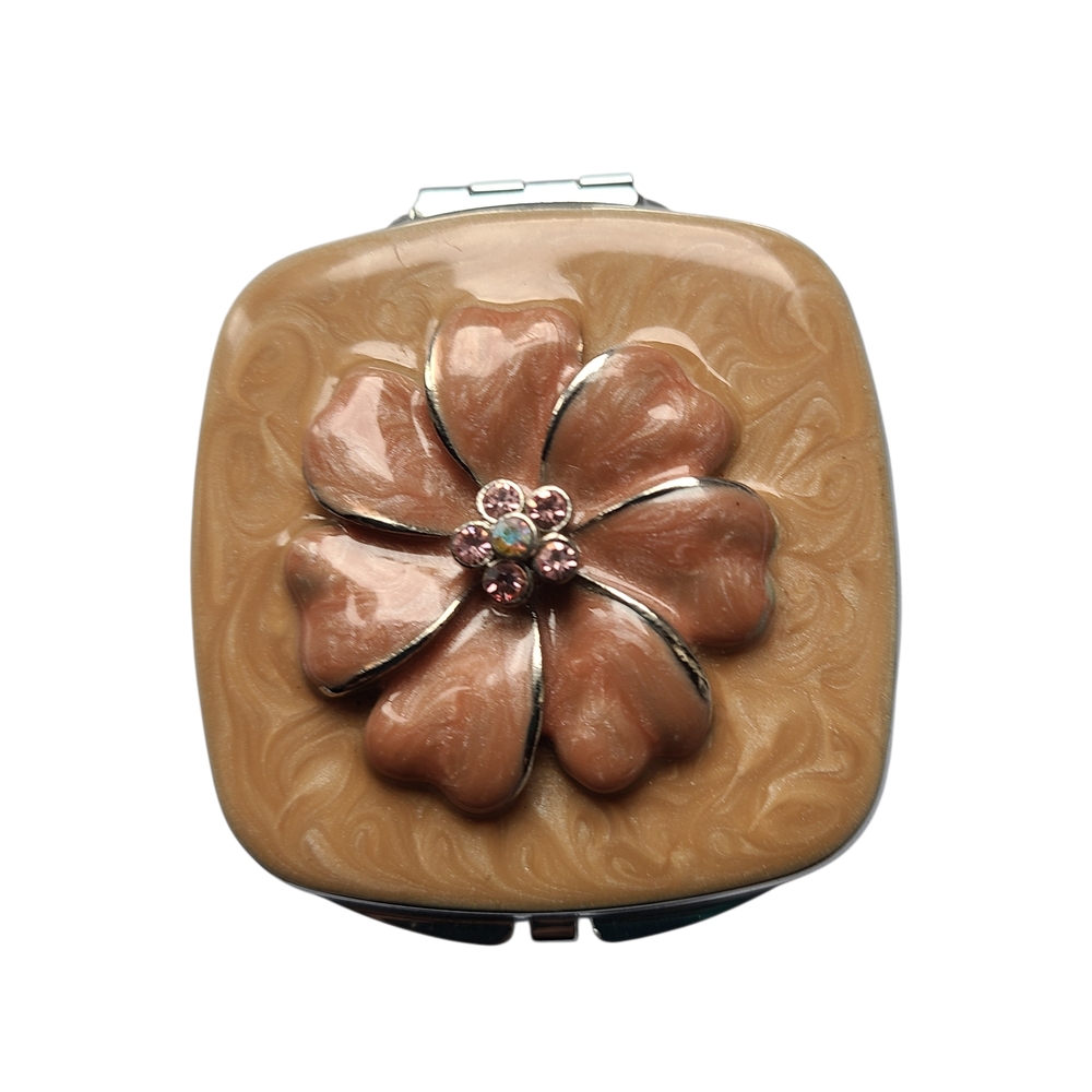 Spring Street Jeweled Enamel Floral Compact Mirror - Tan & Pink